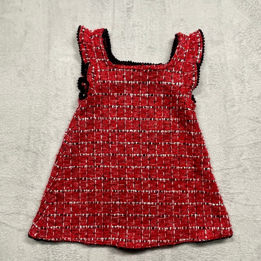 Lucky Penny Tweed Dress Kids Size 4 Red Multi Ruffle Pom Pom Trim